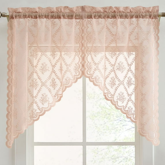 THD Bella Floral Rod Pocket Lace Short Cafe Swags for Small Windows - 28 x 36 Inch Length (Blush Pink Swags, Set of 2)