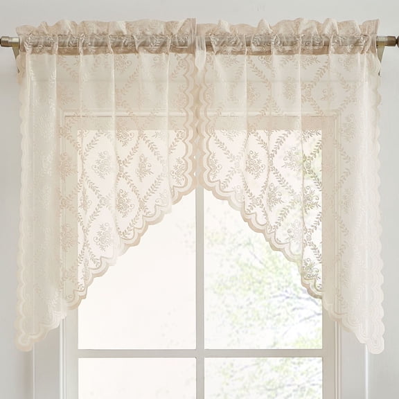 THD Bella Floral Rod Pocket Lace Short Cafe Swags for Small Windows - 28 x 36 Inch Length (Taupe Swags, Set of 2)
