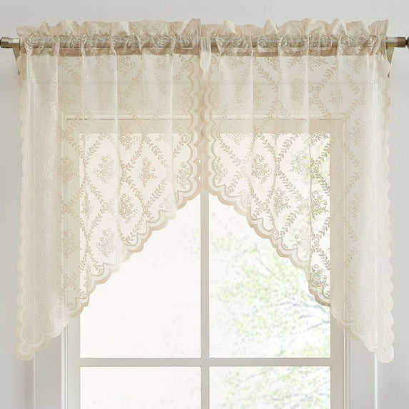 THD Bella Floral Rod Pocket Lace Short Cafe Swags for Small Windows - 28 x 36 Inch Length (Taupe Swags, Set of 2)