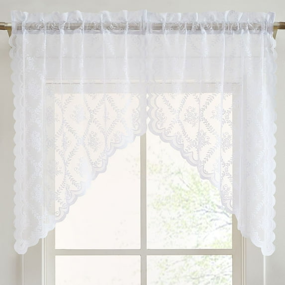 THD Bella Floral Rod Pocket Lace Short Cafe Swags for Small Windows - 28 x 36 Inch Length (White Swags, Set of 2)