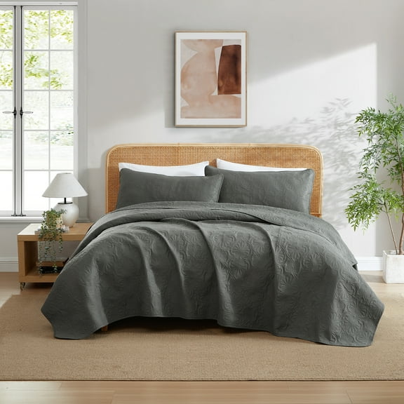 THD Benjamin - 3 Piece Full Queen Size Quilt Set, Lightweight Queen Bedspread Coverlet Set (Full/Queen, Charcoal Grey)