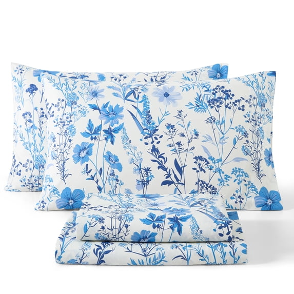 THD Blue Floral Bed Sheets - 3 Piece Bed Sheet Set - Wrinkle Resistant & Ultra Soft - Fits Mattresses up to 15 Inches Deep