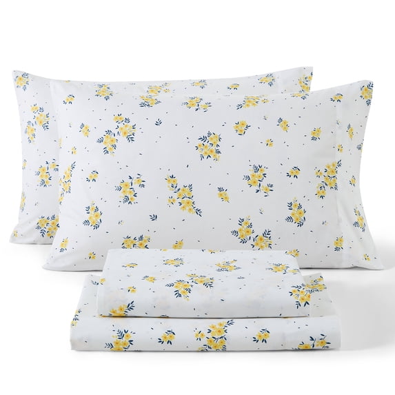 THD Blue & Yellow Floral Bed Sheets - 4 Piece Bed Sheet Set - Wrinkle Resistant & Ultra Soft - Fits Mattresses up to 15 Inches Deep
