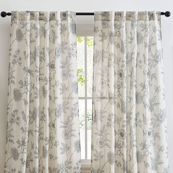 THD Brook Linen Floral Patterned Curtains - Back Tab Pocket Window Curtains Panels, Set of 2