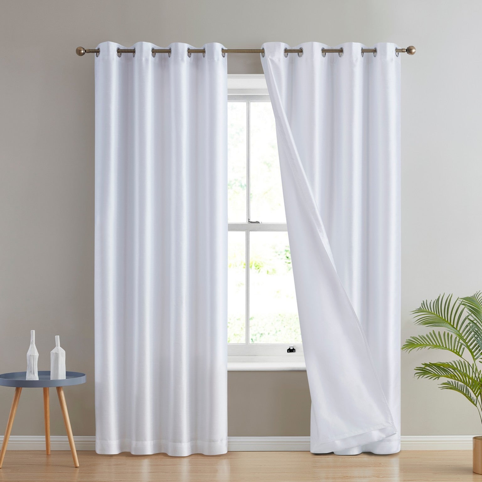 White Faux Silk Semi Sheer Grommet Window Curtain Panels