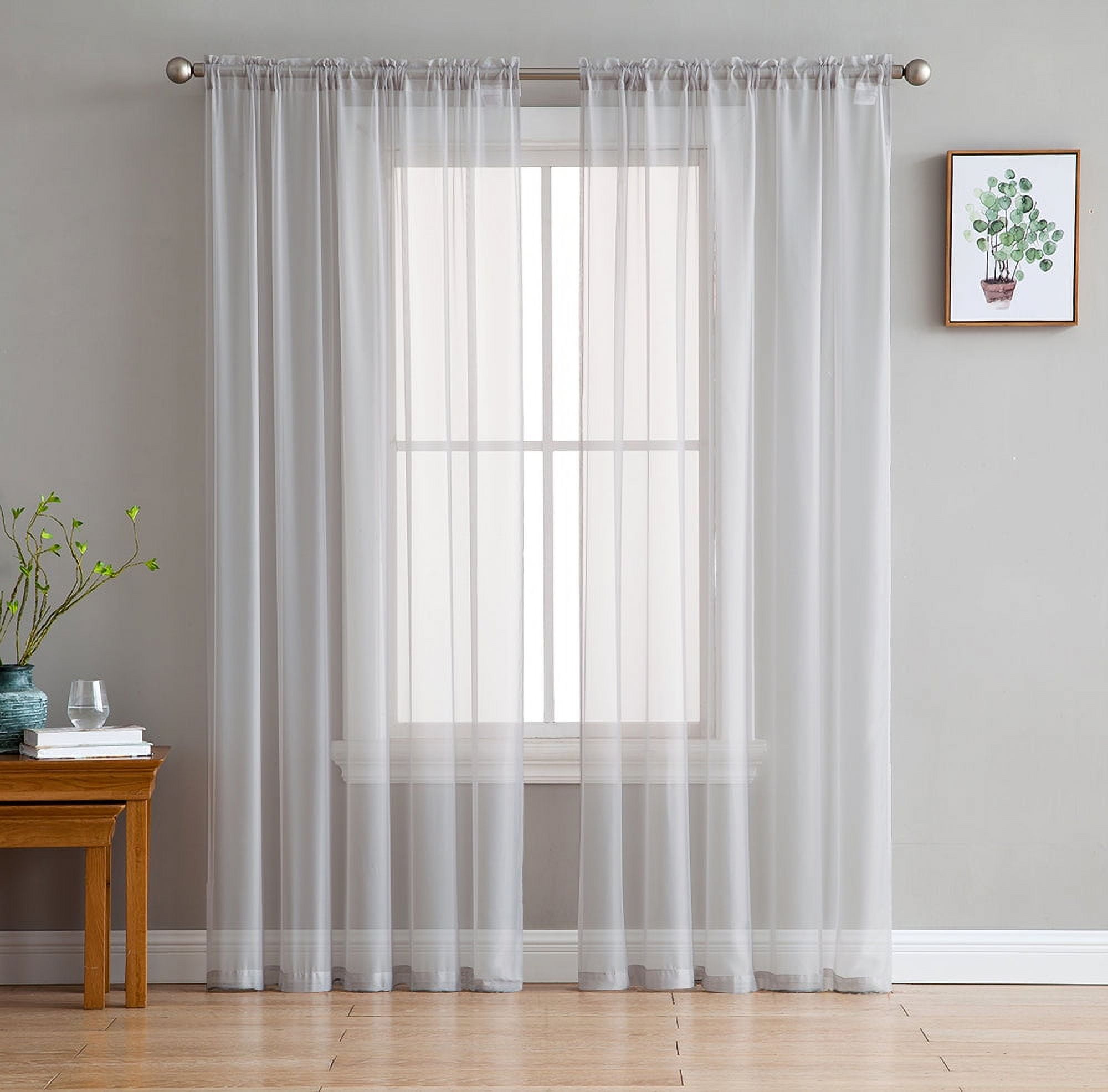 Silver Sheer Voile Rod Pocket Window Curtain Panels, 54 x 63 inches, Set of 2