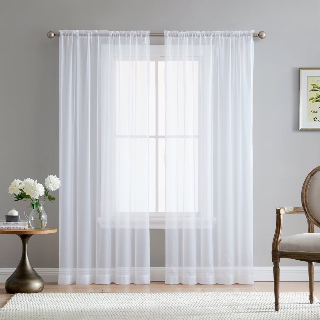 White Sheer Rod Pocket Polyester Window Curtain Panels - 54 x 54 Inches