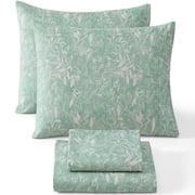 THD Leaves 4-Piece Printed Patterned Floral Green Bed Sheets Set - Wrinkle Resistant & Ultra Soft - Fits Mattresses up to 15 Inches Deep (King)