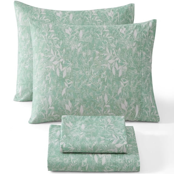 THD Leaves 4-Piece Printed Patterned Floral Green Bed Sheets Set - Wrinkle Resistant & Ultra Soft - Fits Mattresses up to 15 Inches Deep (Queen)