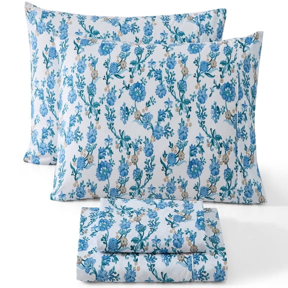THD Ditsy Vine 4-Piece Printed Patterned Floral Blue Bed Sheets Set - Wrinkle Resistant & Ultra Soft - Fits Mattresses up to 15 Inches Deep (Full)