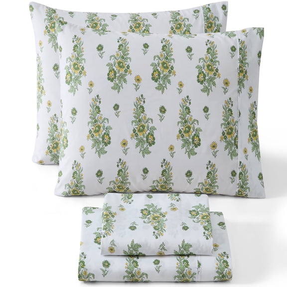 THD Cottage Core 3-Piece Printed Patterned Floral Green Bed Sheets Set - Wrinkle Resistant & Ultra Soft - Fits Mattresses up to 15 Inches Deep (Twin)