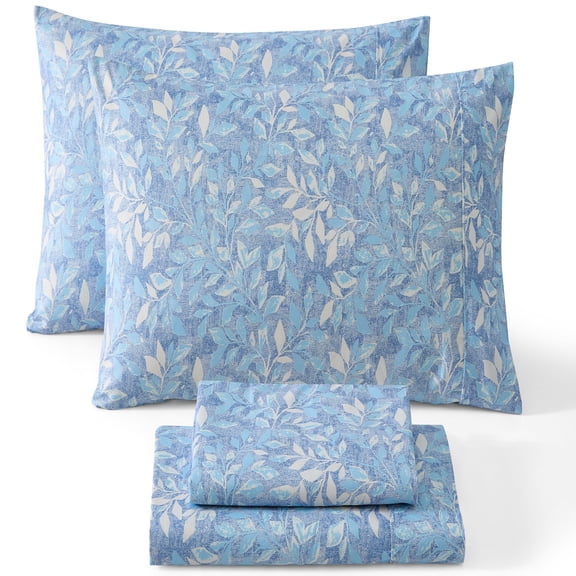 THD Leaves 4-Piece Printed Patterned Floral Blue Bed Sheets Set - Wrinkle Resistant & Ultra Soft - Fits Mattresses up to 15 Inches Deep (Queen)