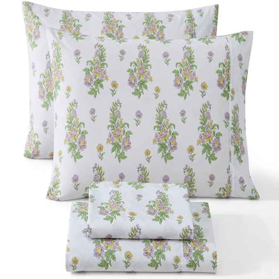 THD Cottage Core 4-Piece Printed Patterned Floral Lilac Purple Bed Sheets Set - Wrinkle Resistant & Ultra Soft - Fits Mattresses up to 15 Inches Deep (King)