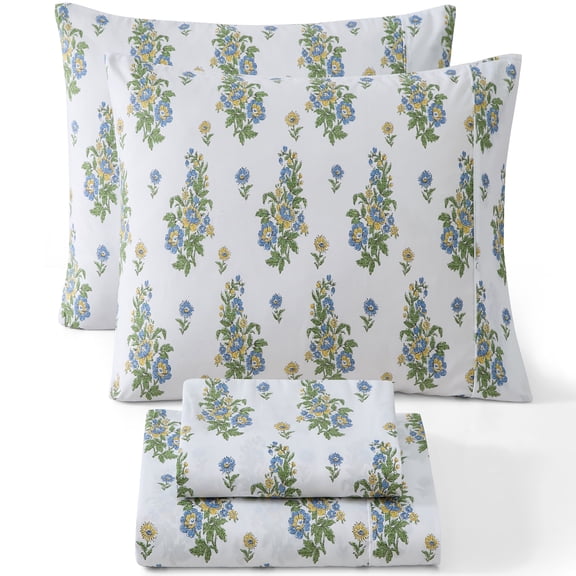 THD Cottage Core 4-Piece Printed Patterned Floral Blue Bed Sheets Set - Wrinkle Resistant & Ultra Soft - Fits Mattresses up to 15 Inches Deep (Queen)