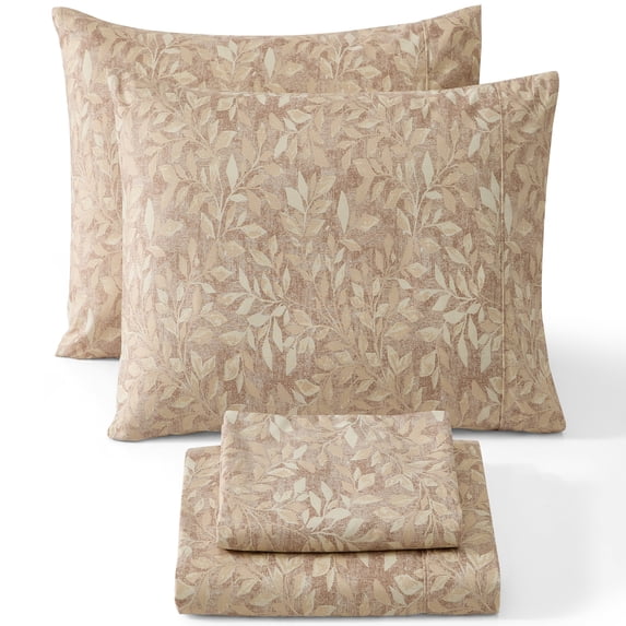 THD Leaves 4-Piece Printed Patterned Floral Brown Taupe Bed Sheets Set - Wrinkle Resistant & Ultra Soft - Fits Mattresses up to 15 Inches Deep (King)