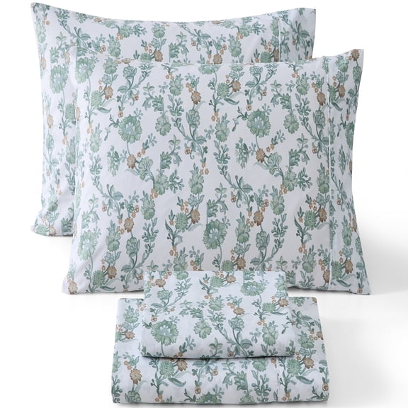 THD Ditsy Vine 4-Piece Printed Patterned Floral Green Bed Sheets Set - Wrinkle Resistant & Ultra Soft - Fits Mattresses up to 15 Inches Deep (Queen)
