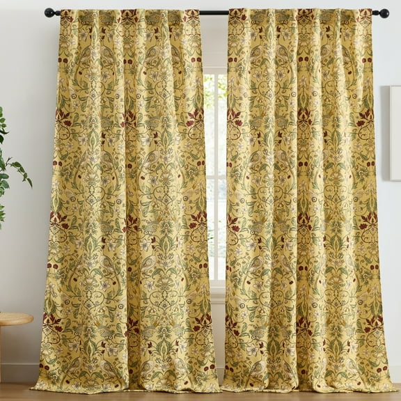 THD Florencia Floral & Birds Patterned Window Back Tab Rod Pocket Curtains Bedroom - Light Blocking Darkening Window Panels, Set of 2