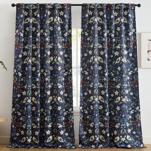 THD Florencia Floral & Birds Patterned Window Back Tab Rod Pocket Curtains Bedroom - Light Blocking Darkening Window Panels, Set of 2