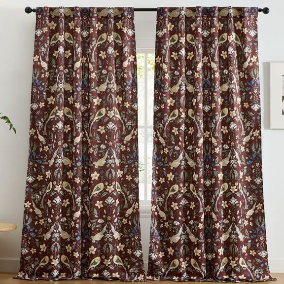 THD Florencia Floral & Birds Patterned Window Back Tab Rod Pocket Curtains Bedroom - Light Blocking Darkening Window Panels, Set of 2