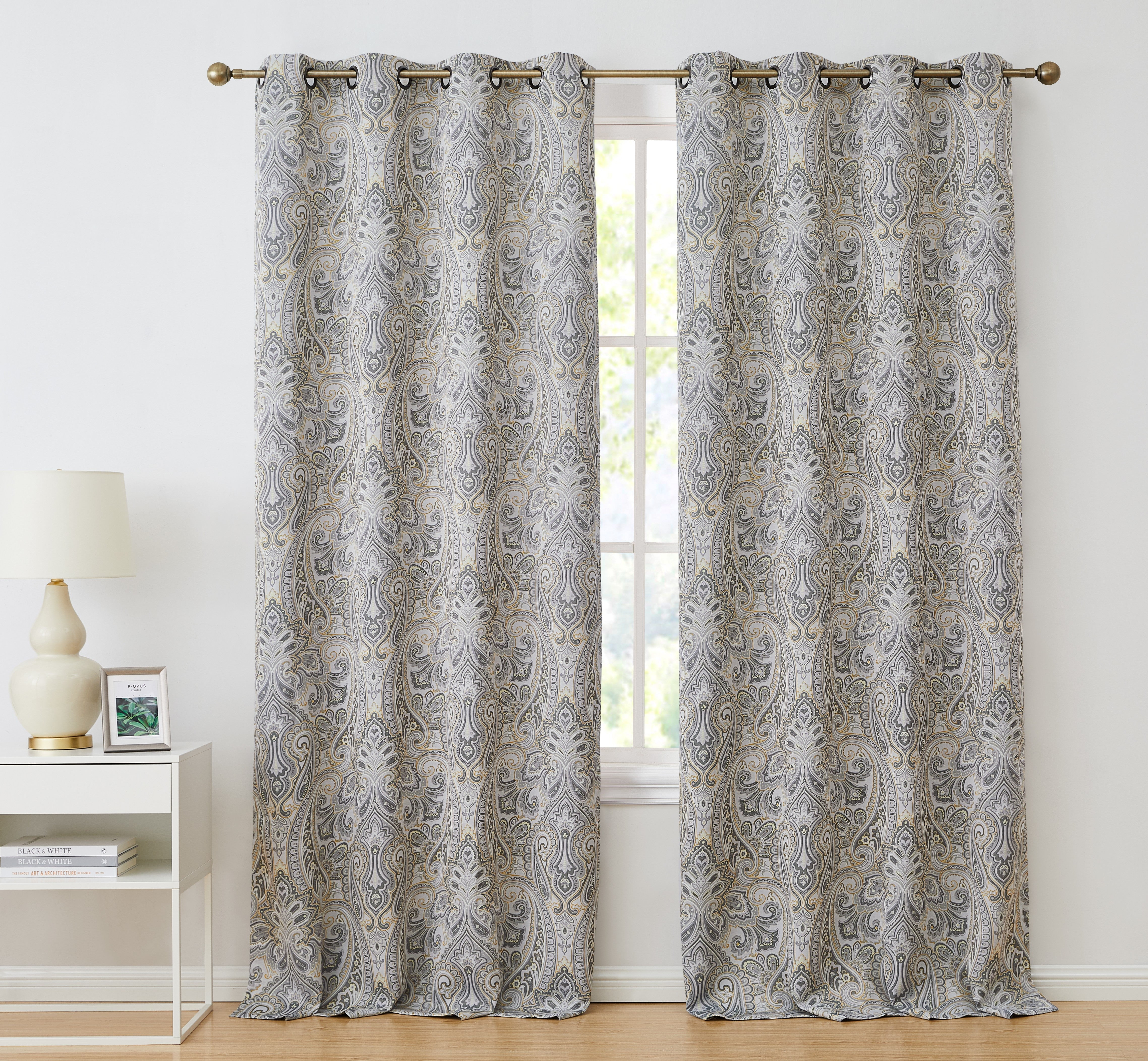 Grey Yellow Paisley Damask Blackout Grommet Window Panels