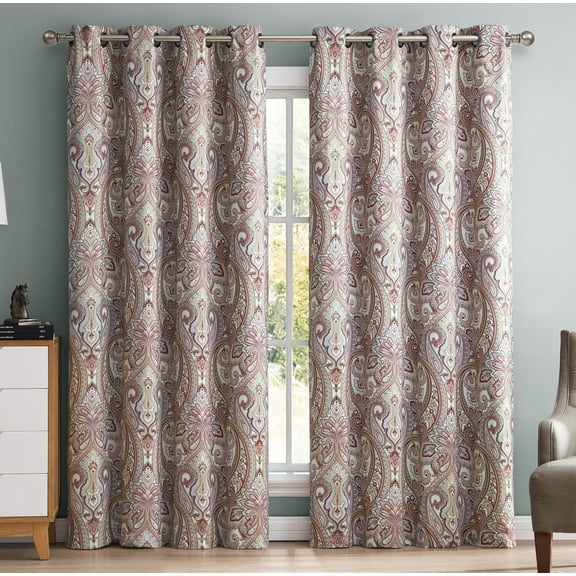 THD France Paisley Print Damask Energy Efficient Room Darkening Grommet Window Curtain Panels - Pair