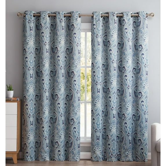 THD France Paisley Print Damask Energy Efficient Room Darkening Grommet Window Curtain Panels - Pair