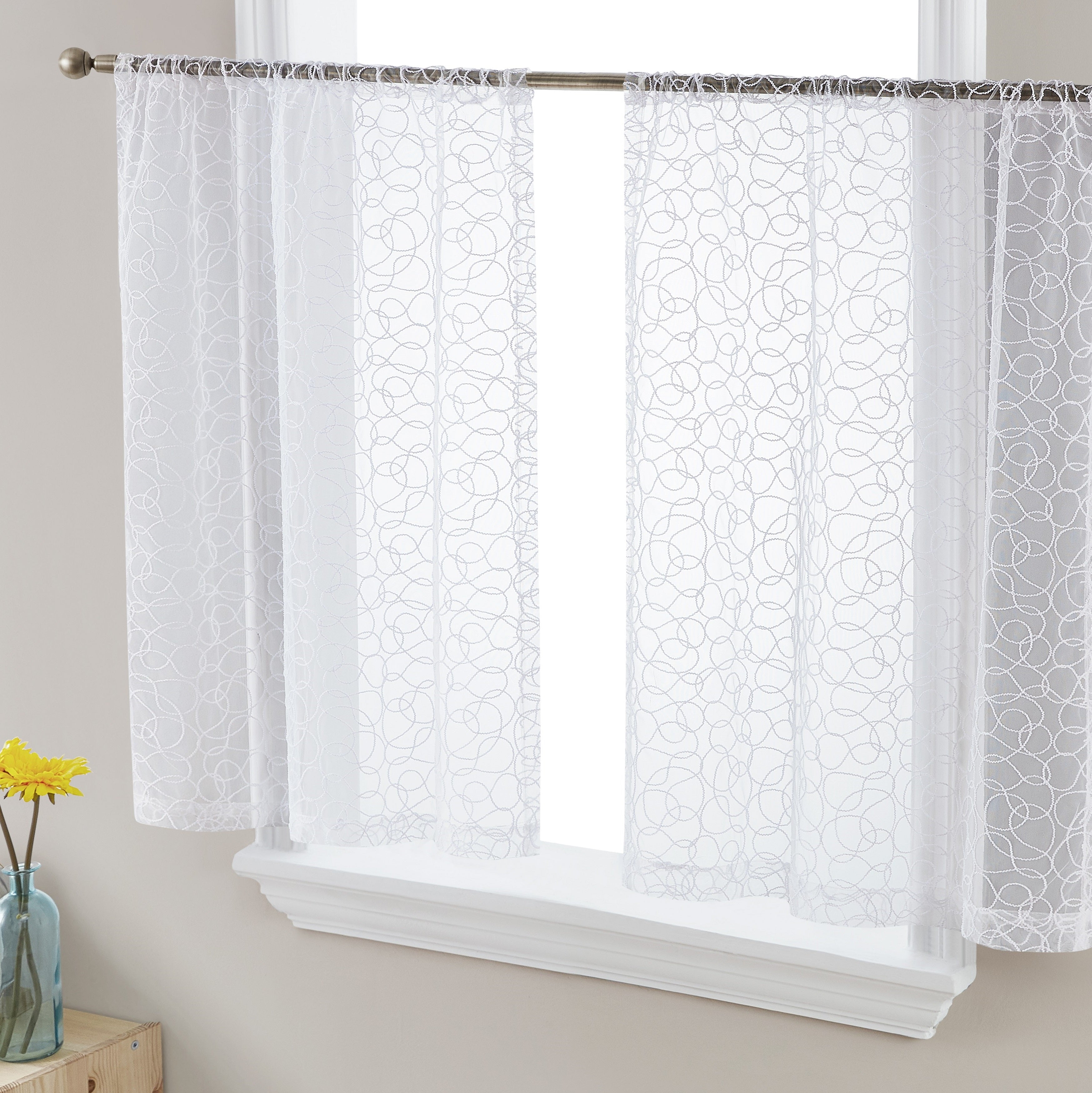 White Sheer Embroidered Polyester Rod Pocket Window Curtain Tiers, 36" Length