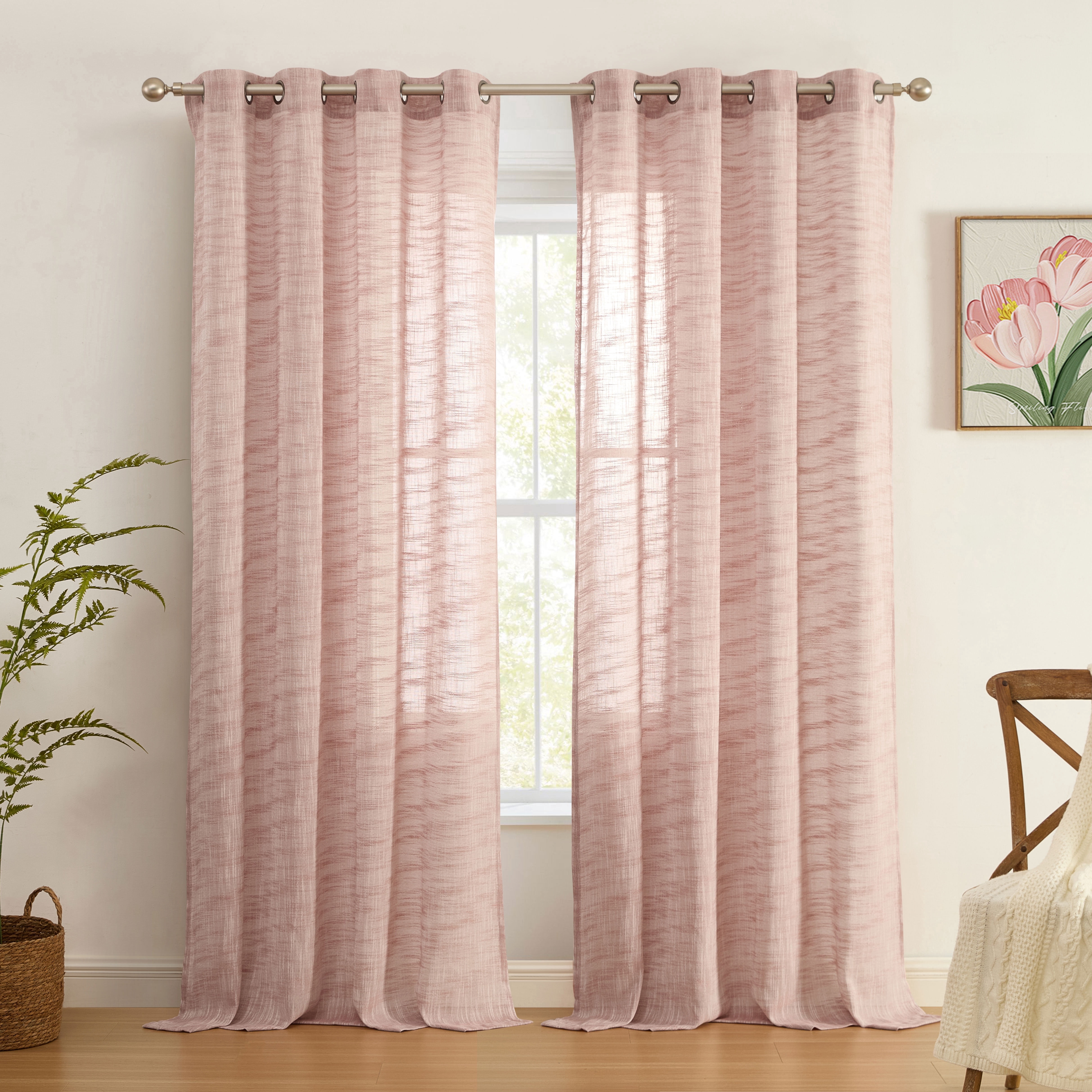 THD Harley Faux Linen Textured Semi Sheer Sun Light Filtering Window Grommet Curtain Panels, Set of 2 Panels