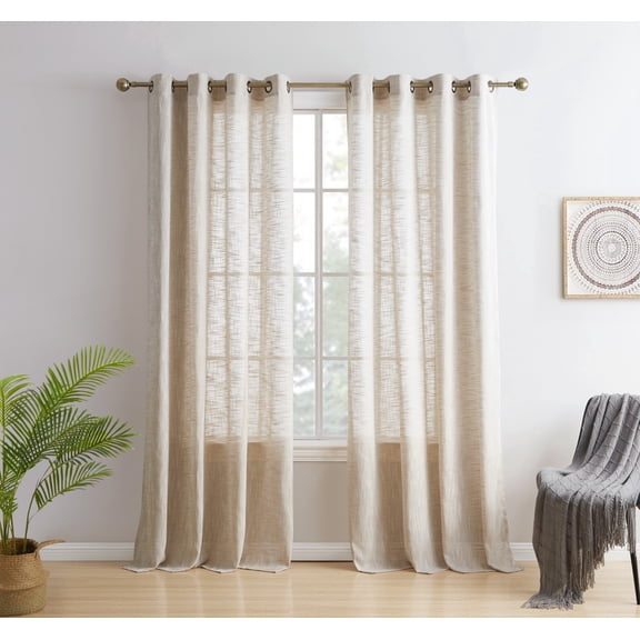 THD Harley Faux Linen Textured Semi Sheer Sun Light Filtering Window Grommet Curtain Panels, Set of 2 Panels