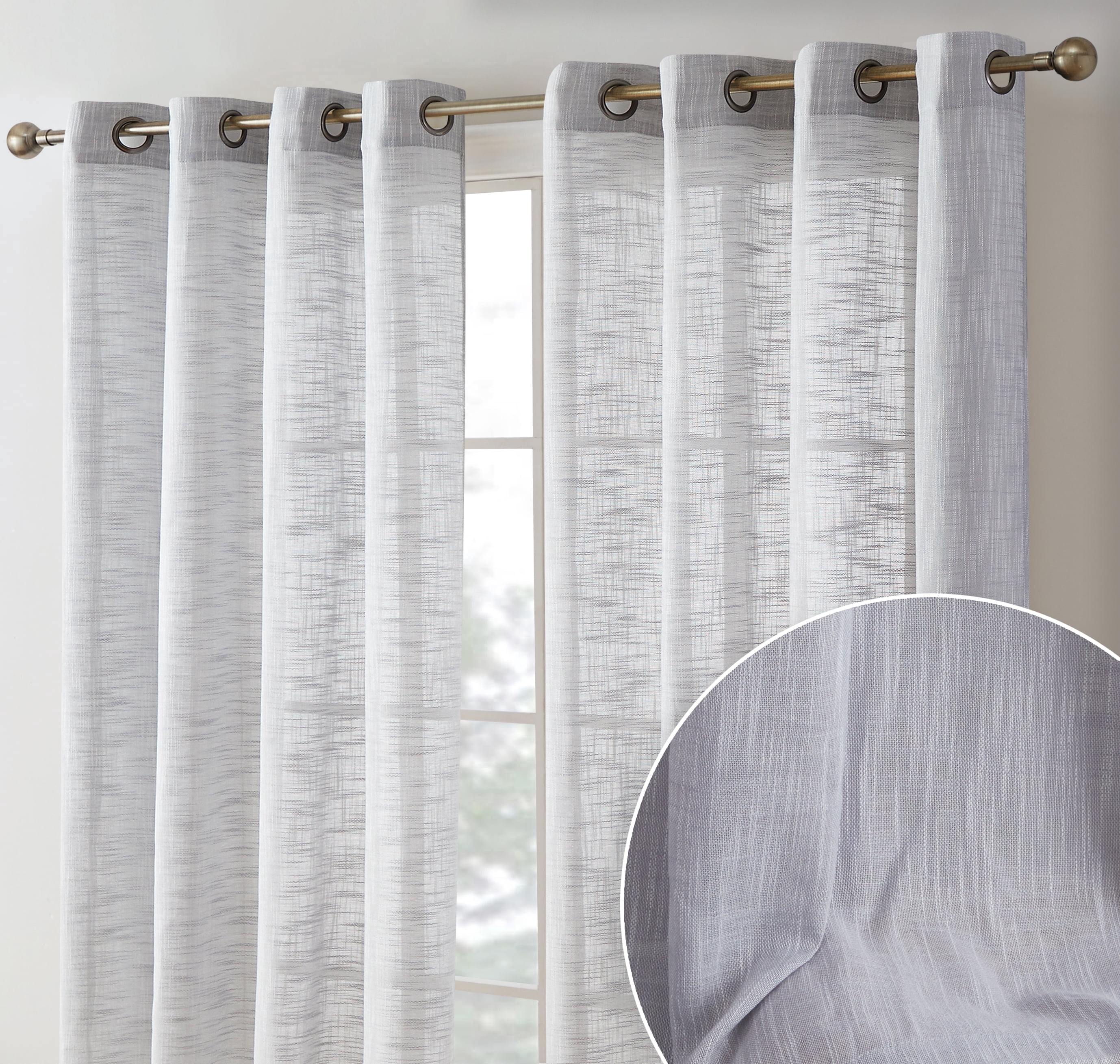 THD Harley Faux Linen Textured Semi Sheer Sun Light Filtering Window Grommet Curtain Panels, Set of 2 Panels