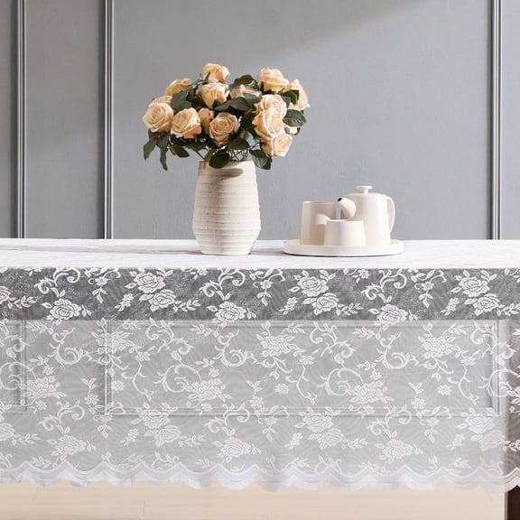 THD Harpy Floral Lace Fabric Tablecloth, Lace Fabric Table Cloth for Rectangle Tables, Wrinkle Resistant Tablecloth, Patterned Scalloped Tablecloth (54 W x 72 L, White)