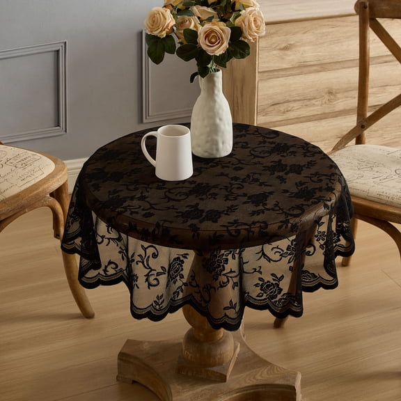 THD Harpy Floral Lace Fabric Tablecloth, Lace Fabric Table Cloth for Round Tables, Wrinkle Resistant Tablecloth, Patterned Scalloped Tablecloth (36 Round, Black)