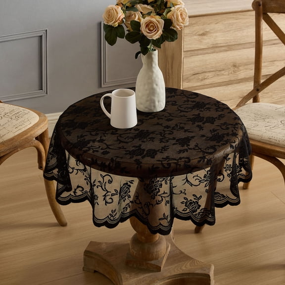 THD Harpy Floral Lace Fabric Tablecloth, Lace Fabric Table Cloth for Round Tables, Wrinkle Resistant Tablecloth, Patterned Scalloped Tablecloth (90 Round, Black)