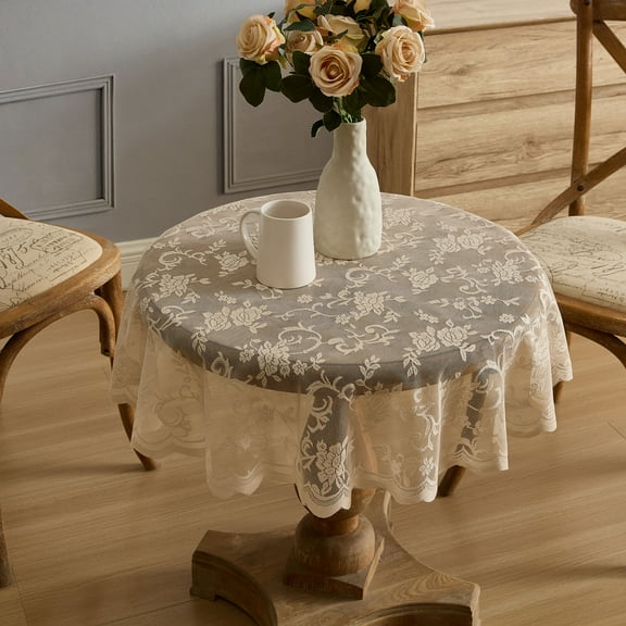 THD Harpy Floral Lace Fabric Tablecloth, Lace Fabric Table Cloth for Round Tables, Wrinkle Resistant Tablecloth, Patterned Scalloped Tablecloth (90 Round, Linen Taupe)