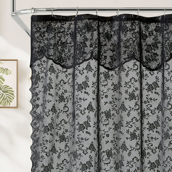 THD Harpy Lace Shower Curtain for Bathroom with Floral Vine Design and Attached Valance – Elegant Victorian Classic Style (Black, 72 x 72 Inch)