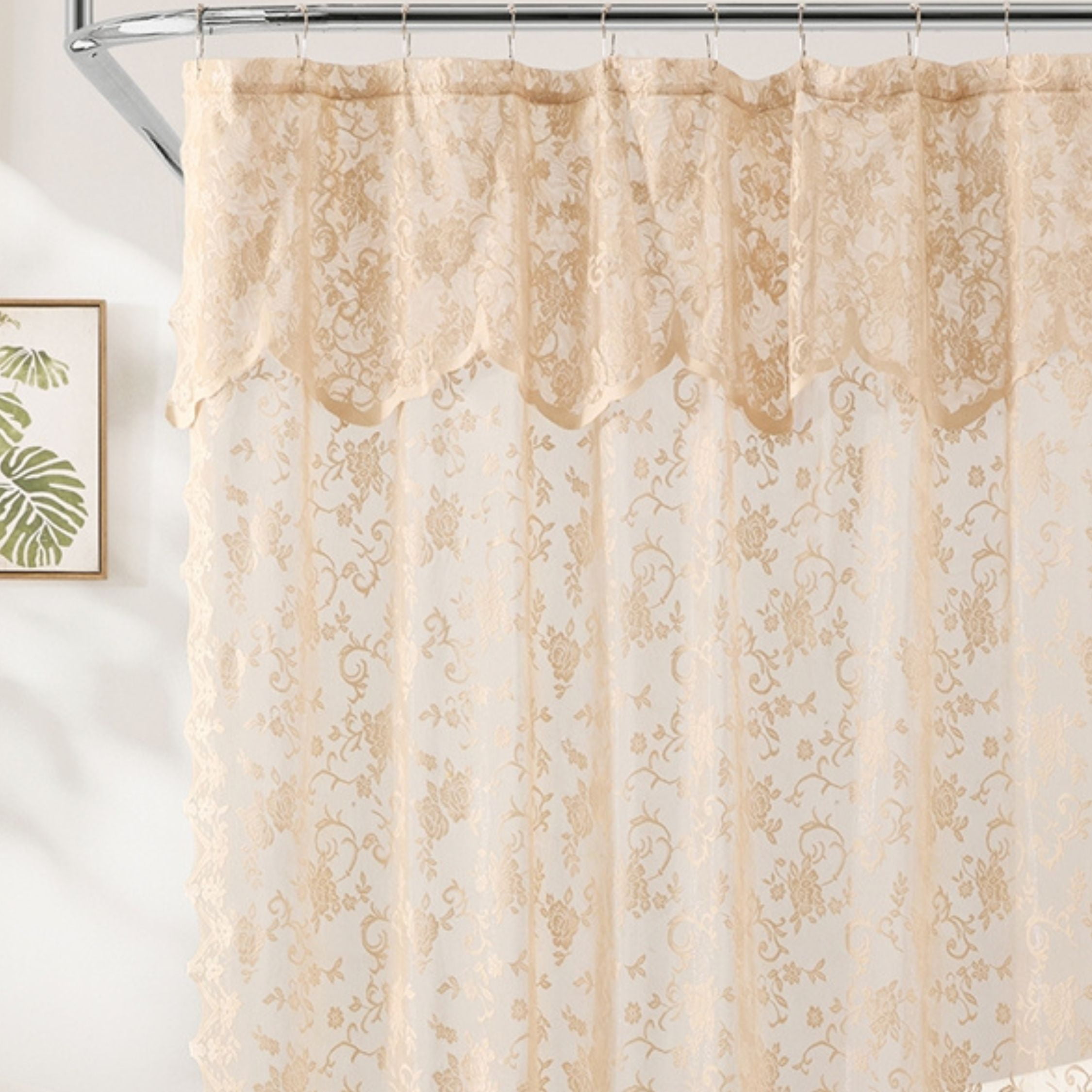 THD Harpy Lace Shower Curtain for Bathroom with Floral Vine Design and Attached Valance – Elegant Victorian Classic Style (Linen Taupe, 72 x 72 Inch)