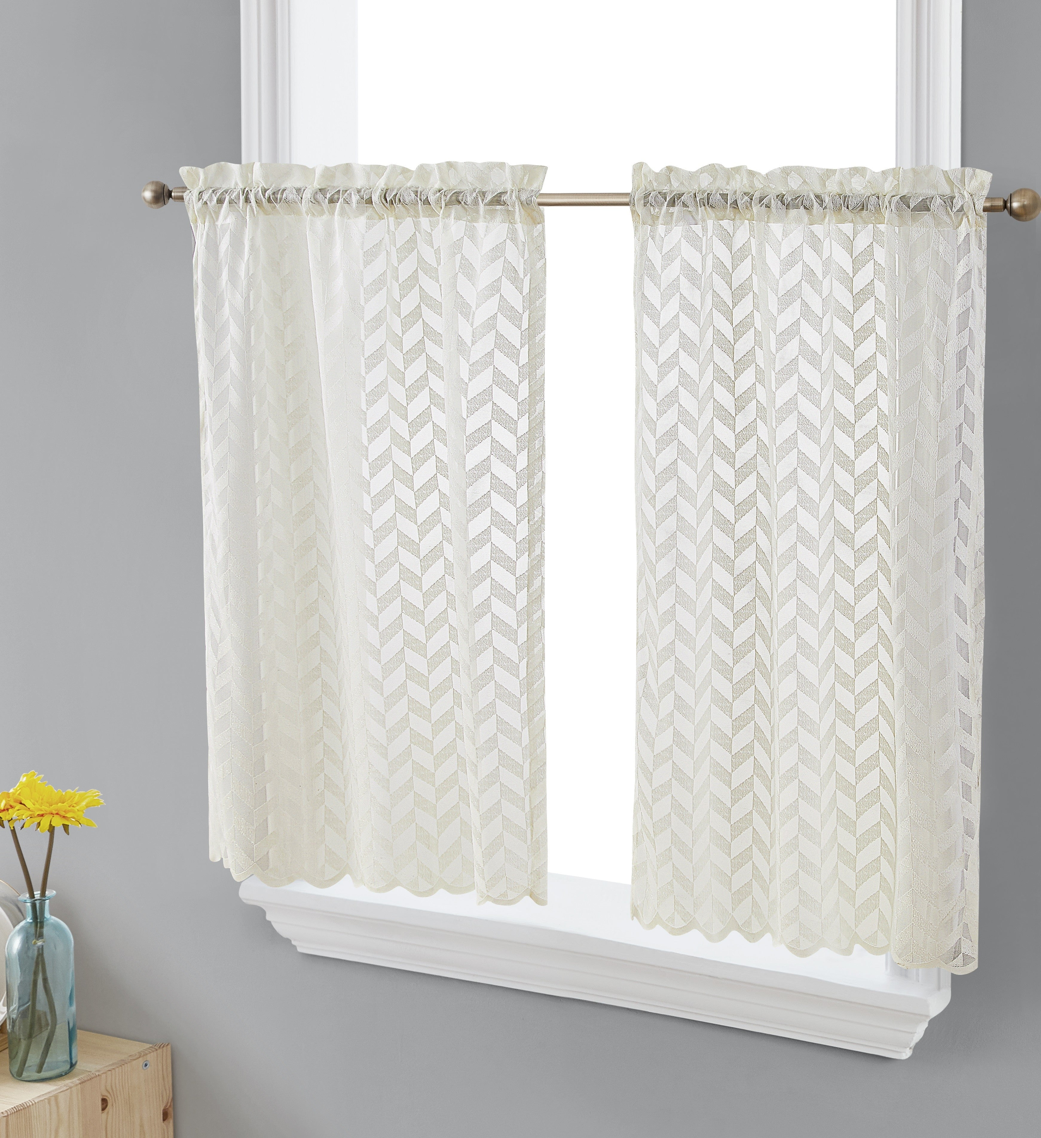 Beige Sheer Lace Rod Pocket Kitchen Tier Curtains, 30" x 36" Set of 2