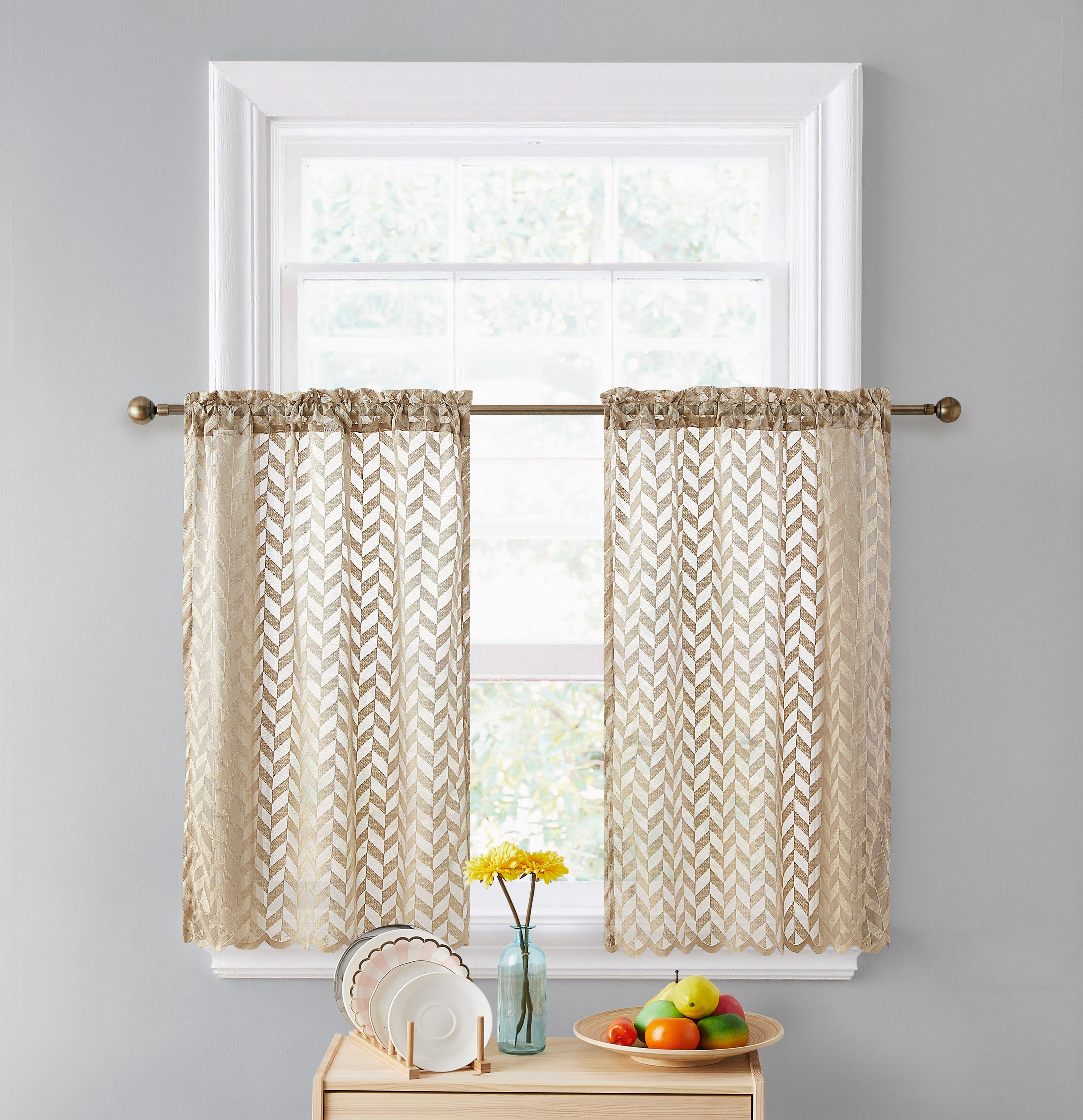 Taupe Sheer Lace Rod Pocket Kitchen Window Tiers, 30" W x 36" L