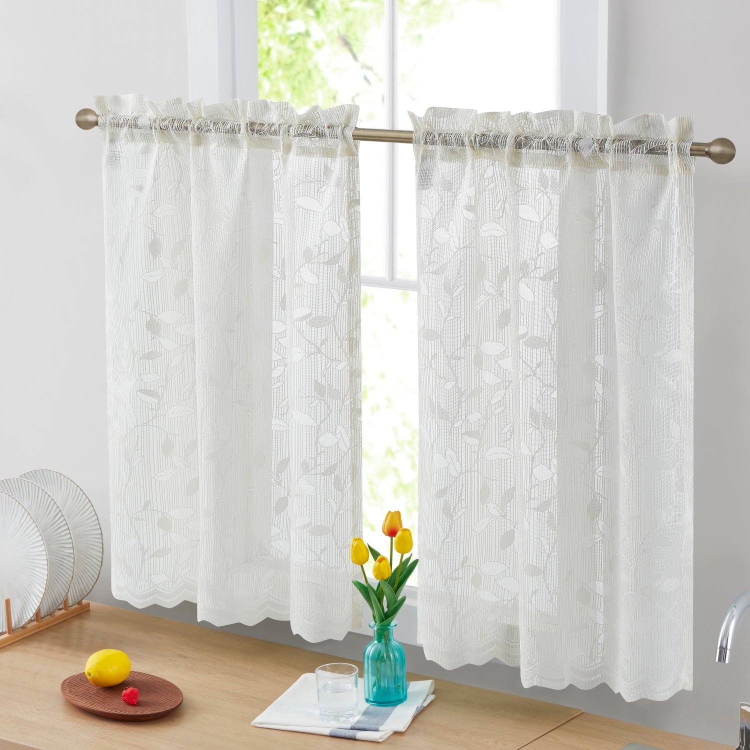Ivory Lace Sheer Kitchen Curtain Valance with Rod Pocket