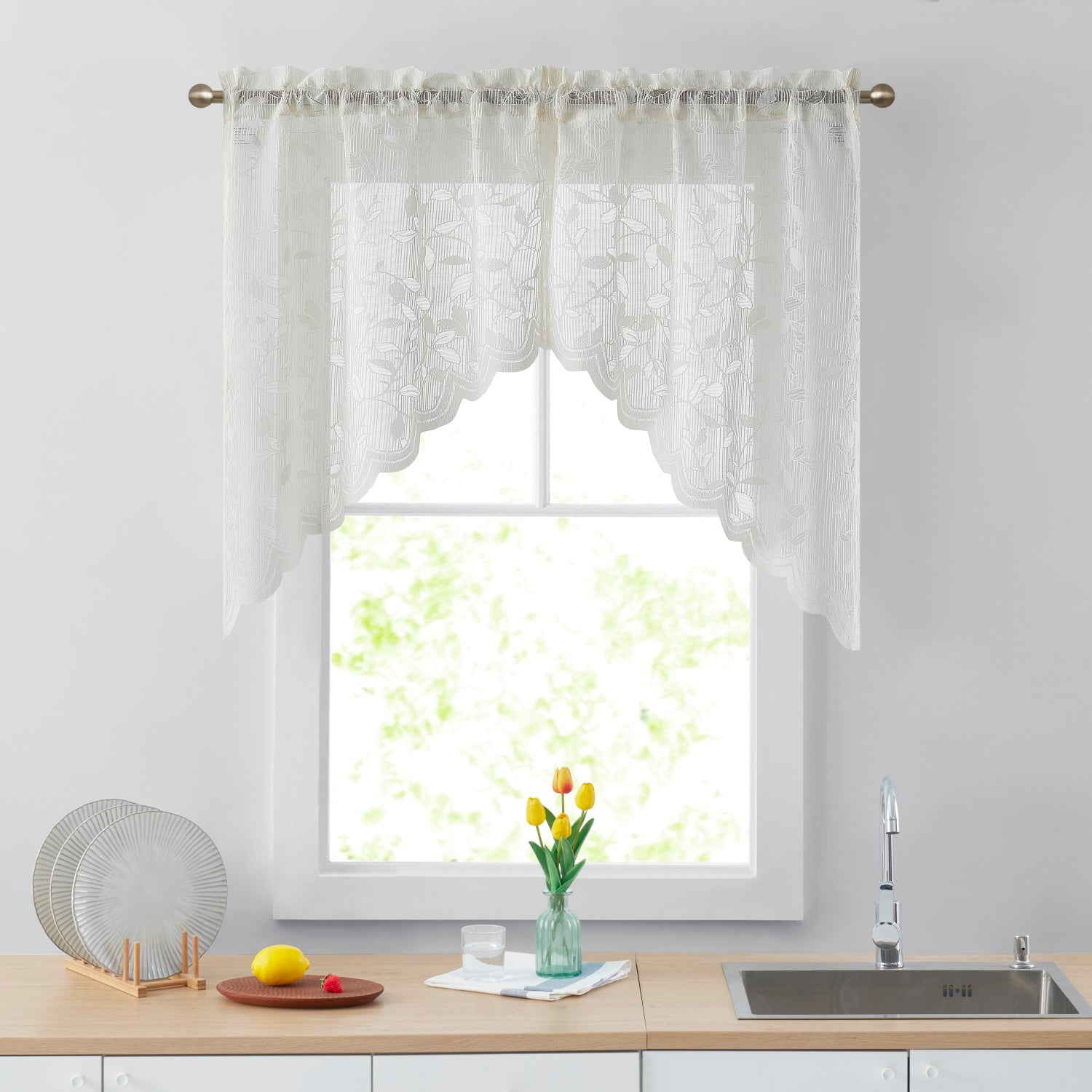 Ivory Sheer Lace Kitchen Swag Curtains with Rod Pocket - 36" Length