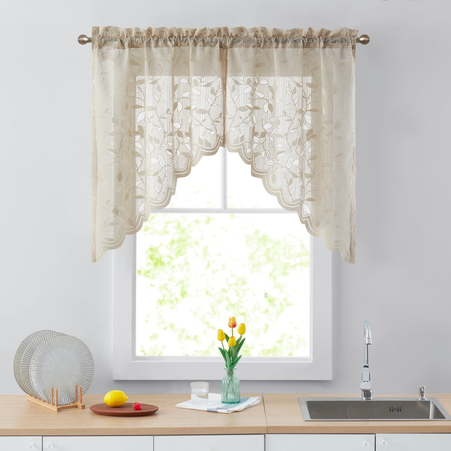Linen Taupe Sheer Lace Rod Pocket Kitchen Swag Curtains