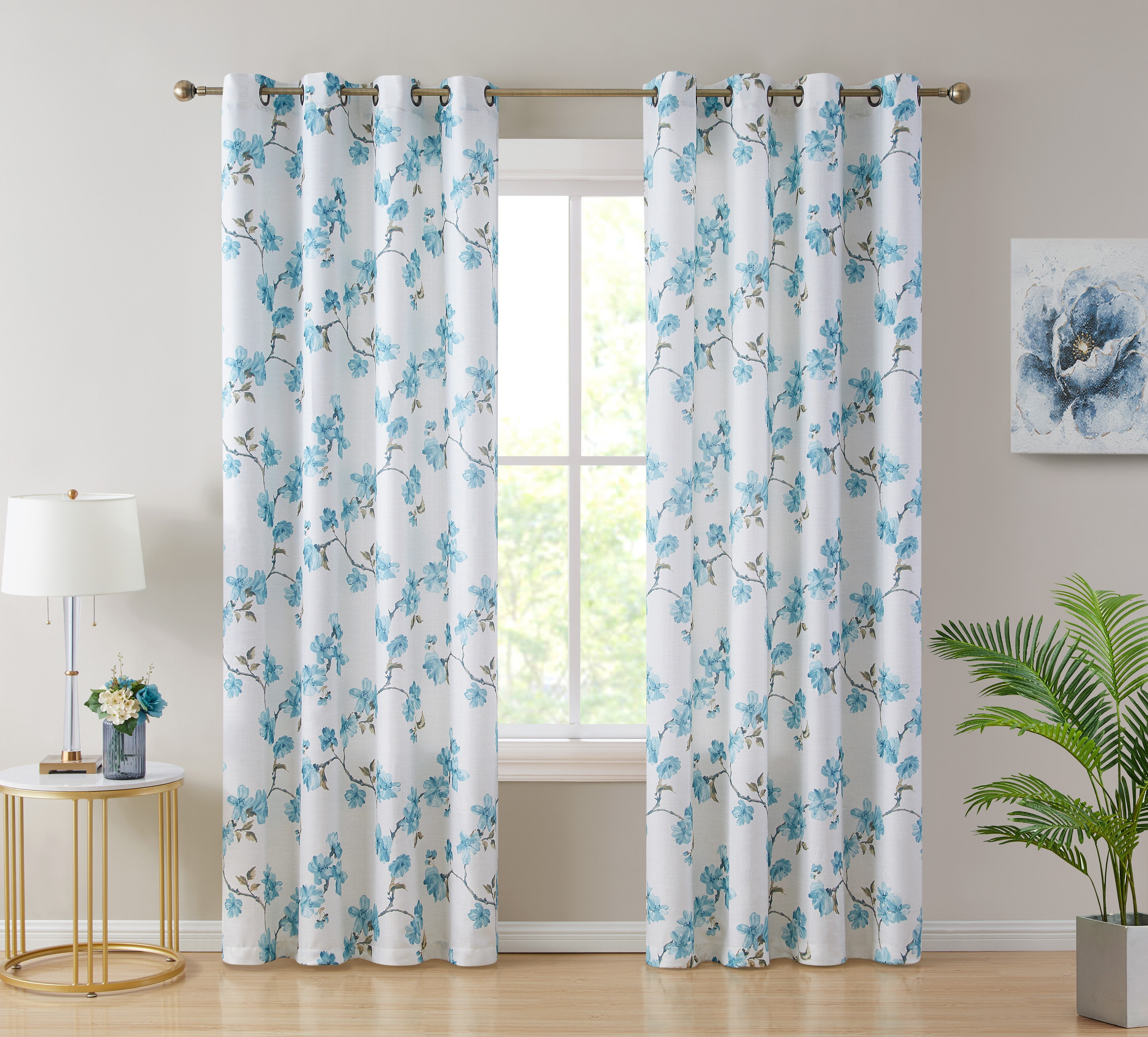 Teal Blue Floral Light-Filtering Polyester Grommet Window Panels, 54 x 63 inches