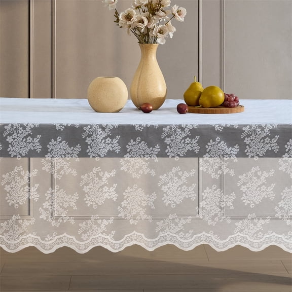 THD Joelle Floral Lace Fabric Tablecloth, Lace Fabric Table Cloth for Rectangle Tables, Wrinkle Resistant Tablecloth, Patterned Scalloped Tablecloth (60 W x 120 L, White)