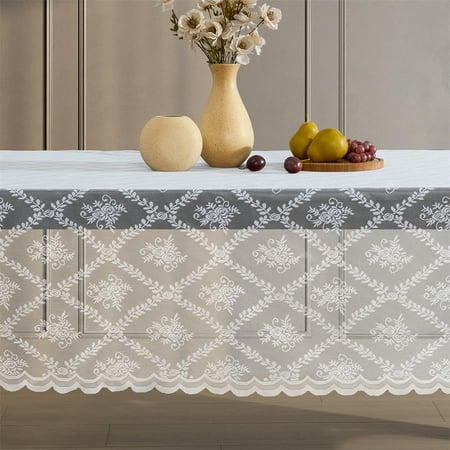 THD Joelle Floral Lace Fabric Tablecloth, Lace Fabric Table Cloth for Rectangle Tables, Wrinkle Resistant Tablecloth, Patterned Scalloped Tablecloth (60 W x 104 L, White)