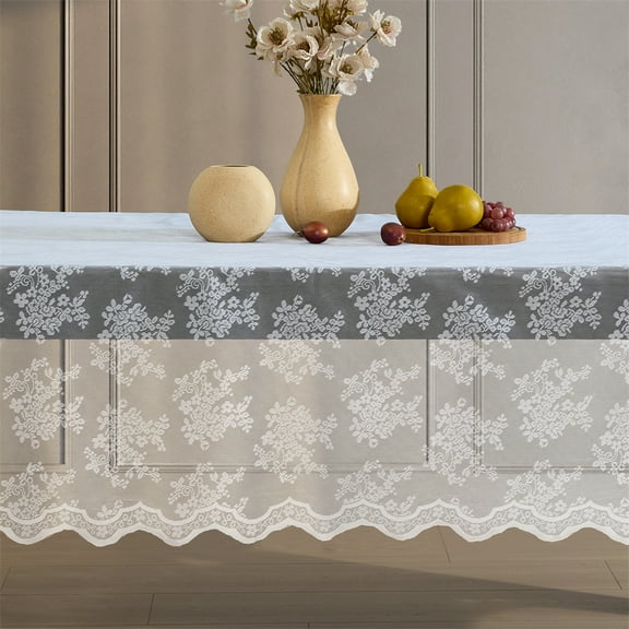 THD Joelle Floral Lace Fabric Tablecloth, Lace Fabric Table Cloth for Rectangle Tables, Wrinkle Resistant Tablecloth, Patterned Scalloped Tablecloth (60 W x 120 L, White)