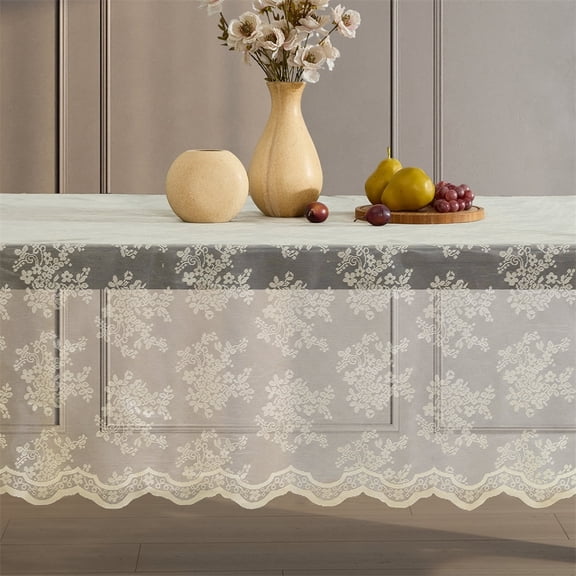 THD Joelle Floral Lace Fabric Tablecloth, Lace Fabric Table Cloth for Small Rectangle Tables, Wrinkle Resistant Tablecloth, Patterned Scalloped Tablecloth (54 W x 72 L, Linen Taupe)