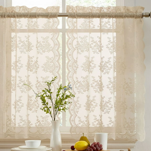 THD Joelle Floral Rod Pocket Lace Semi Sheer Voile Short Cafe Tiers for Small Windows - 28 x 24 Inch Length (Taupe Tiers, Set of 2)