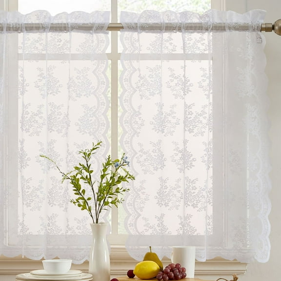 THD Joelle Floral Rod Pocket Lace Semi Sheer Voile Short Cafe Tiers for Small Windows - 28 x 24 Inch Length (White Tiers, Set of 2)