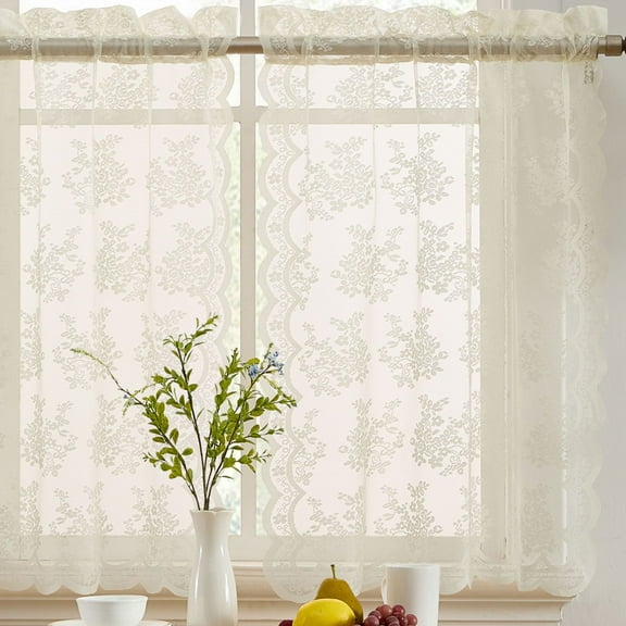 THD Joelle Floral Rod Pocket Lace Semi Sheer Voile Short Cafe Tiers for Small Windows - 28 x 36 Inch Length (Ivory Tiers, Set of 2)