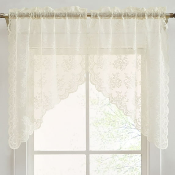 THD Joelle Floral Rod Pocket Lace Short Cafe Swags for Small Windows - 28 x 36 Inch Length (Ivory Swags, Set of 2)